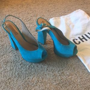 Schutz Teal Aqua Peep Toe Slingbacks - 9